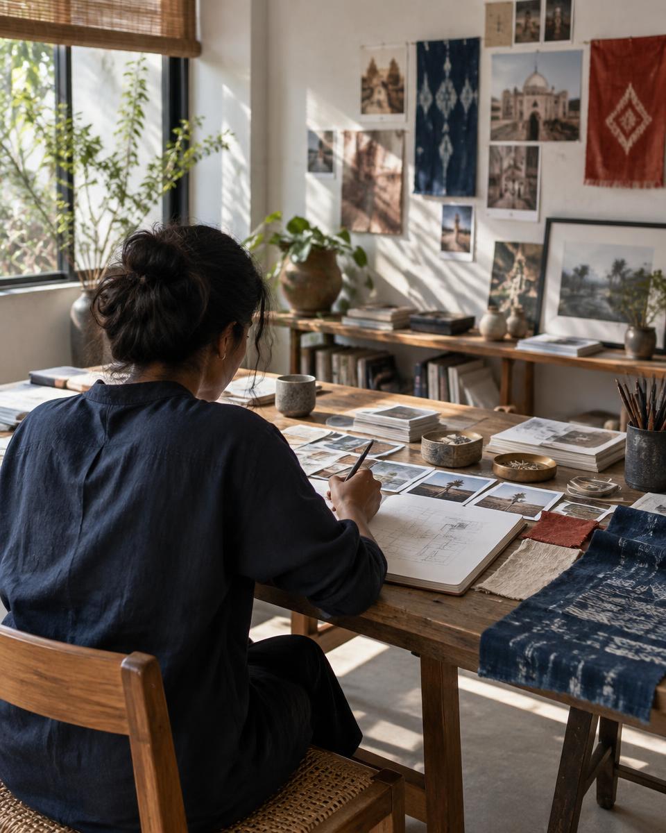 A creative studio workspace with moodboards and materials